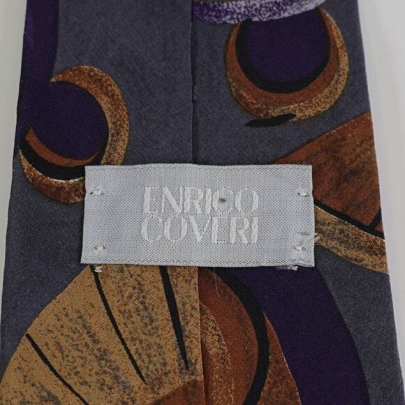 Enrico Coveri Abstract Print Blue Gray Purple Short Silk Tie - Picture 3 of 5